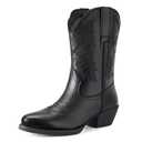 Rollda Leather Cowboy Boots for Women, Genuine Leather Womens Western Boots Mid Calf with Embroidery, Cowgirl Boots Round Toe Cuban Heel Pull On (Black, 7)