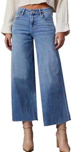 Allimy Women's High Waisted Straight Ankle Wide Leg Ripped Jeans Frayed Hem Stretchy Capri Denim Pants, Size 6