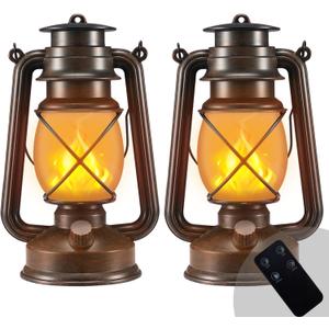Outdoor Lanterns Waterproof Hanging Vintage LED Camping Lamps with Dancing Flame Non-Solar Remote Control Light Landscape Decor for Table Patio Garden Yard Pathway Porch 2Pack (3AA Batteries Power)