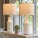 23.75 inches Modern Ceramic Table Lamp Set of 2 for Living Room, Farmhouse Bedside Nightstand Lamp for Bedroom Home Office Dorm (A 2 Pack-Beige vertical stripe)