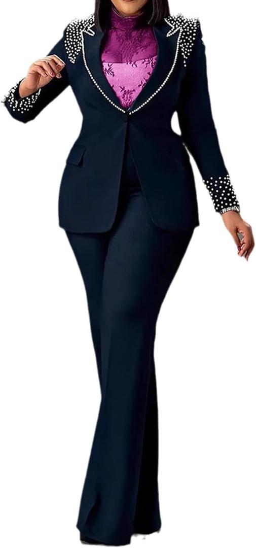 Tcremisa Womens Fashion Pants Suit 2 Piece Business Outfits Pearls Long Sleeve Blazer and Slim Fit Pants Sets, Size: XX-Large