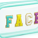 Clear Preppy Patch Makeup Bag, SPF Chenille Letter Bag for Beach, Clear Pouch with Zipper, Preppy Travel Bags Cosmetic Toiletry Bag for Women Girls Teens (Blue