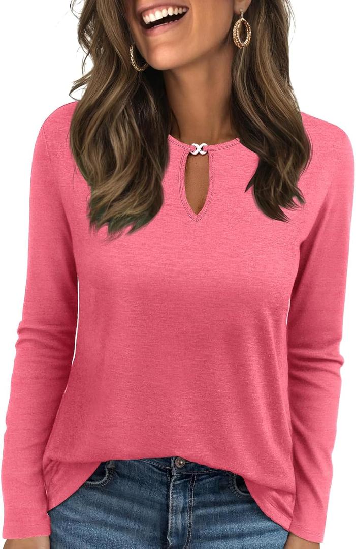Long Sleeve Shirts for Women Crew Neck Women Long Sleeve Tops Casual Fall Tops Trendy Cute T Shirts Outfits Clothes (Medium, Rose Red)