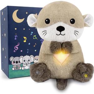 BRICHOEE Breathing Stuffed Animal, Soothing Otter Stuffed Animal with Breathing Motion, Calming Sound and Light for Baby Sleep Companion Portable Plush Toy Gifts for Kids Adults Newborns