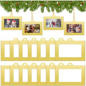 Barydat 15 Pcs Metal Christmas Photo Frame Ornaments Bulk 2 x 3 Inch Heavy Duty Reusable Small Frame Decorations for Xmas Tree Home Indoor Outdoor Decor Gifts (Horizontal,Gold)