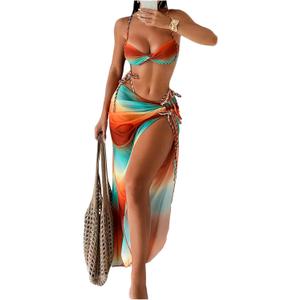 WDIRARA Women's 3 Piece Bikini Set Ombre Twist Ruched Swimsuit with Split Beach Skirt (Multicolor, XS)
