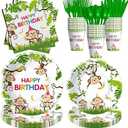 HIPVVILD Monkey Birthday Decorations Tableware, Wild Jungle Animal Monkey Theme Party Supplies for Birthday Baby Shower, Paper Plate, Cup, Napkin, Cutlery, Serves 24