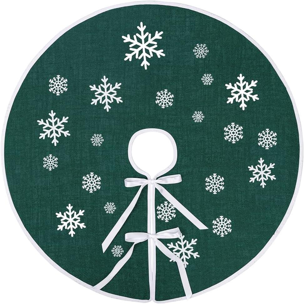 MACTING Christmas Burlap Tree Skirt, 30 inches Small Tree Mat with White Snowflake Printed for Xmas Holiday Home Indoor Outdoor Decorations (Dark Green)