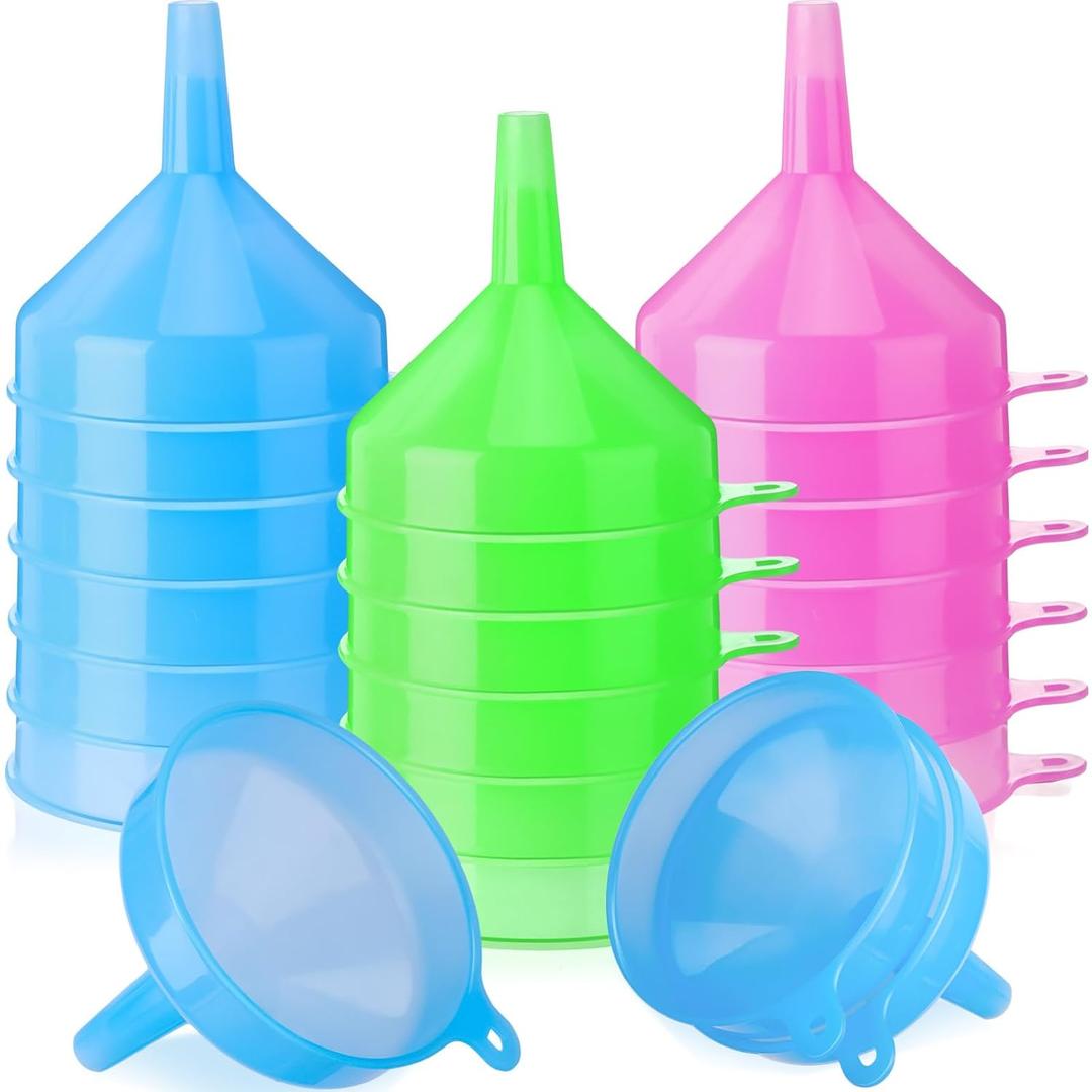 Honeydak 18 Pieces Multi-Purpose Plastic Funnels 4.7 Inch Wide Mouth Funnels for Filling Bottles, Jars, Containers Lab Use Oil Funnel for Gas, Car Oil, Lubricants and Fluids (Pink,Blue,Green)