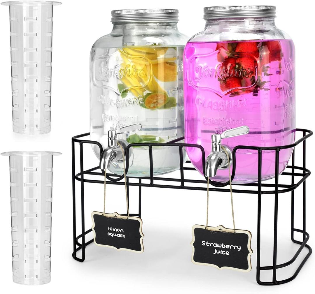 1 Gallon Glass Drink Dispensers For Parties 2PACK.Beverage Dispenser,Glass Drink Dispenser With Stand And Stainless Steel Spigot 100% Leakproof.Lemonade Dispenser With Ice Cylinder.Laundry Detergent (1 Gallon Double With Stand)