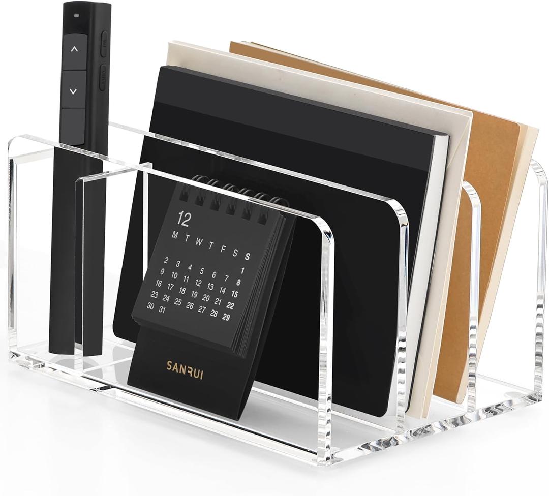 SANRUI Acrylic Mail Organizer, 3 Compartments Clear File Holder for Desk, Letter Sorter with Pen Holder, Countertop Document Sorter for Notebooks, Bills & Eyeshadow Palettes