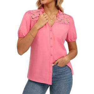 GRACE KARIN Women's 2026 Summer Casual Tops, Dressy Short Sleeve Lace Shirts, V Neck Button Down Work Blouses Outfits Shirt (M)