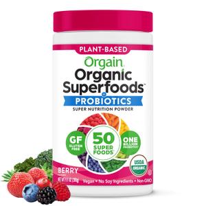 Orgain Organic Greens Powder + 50 Superfoods, Berry - 1 Billion Probiotics for Digestive Health, Antioxidants, Vegan, Plant-Based, Gluten-Free, Non-GMO, Green Juice & Smoothie Drink Mix - 0.62lb (EXP 08/07/27)