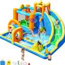FINCOME Inflatable Bounce House with Water Slide, Kids Bouncy Castle with 480W Blower Slide Steeplechase Jumping Climbling Ring Toss Ball Hoop, Outdoor Indoor Bouncing House for Birthday Party Holiday