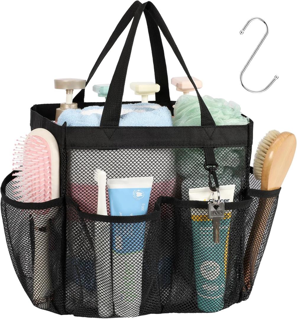 F-color Mesh Shower Caddy Portable for College Dorm Room Essentials with S Hook, 8 Pockets 2 Handles Quick Dry Shower Bag for Camping, Travel, Gym, Bathroom, Hanging Toiletry Organizer, Black