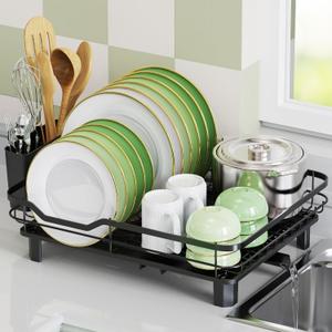 Dish Drying Rack, Stainless Steel Rustproof Dish Rack for Kitchen Counter, Sturdy Dish Drainer with Drainboard, Drainage, Utensil Holder for Various Kitchenware, 16.2"(L) x 12.6"(W), Black