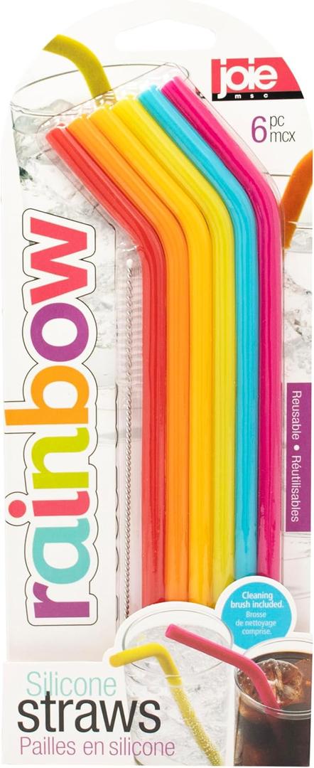 Joie Silicone Straws with Cleaning Brush, Set of 6, Rainbow Color Assortment