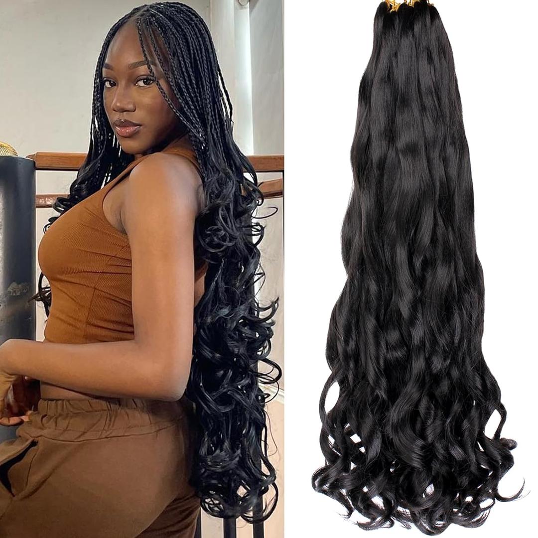 COOKOO 30 Inch 9 Pcs Premium French Curl Braiding Hair Natural Black Pre-stretched Spiral Loose Wave Braiding Hair Yaki Texture Synthetic Hair Extensions for Black Women 1B#