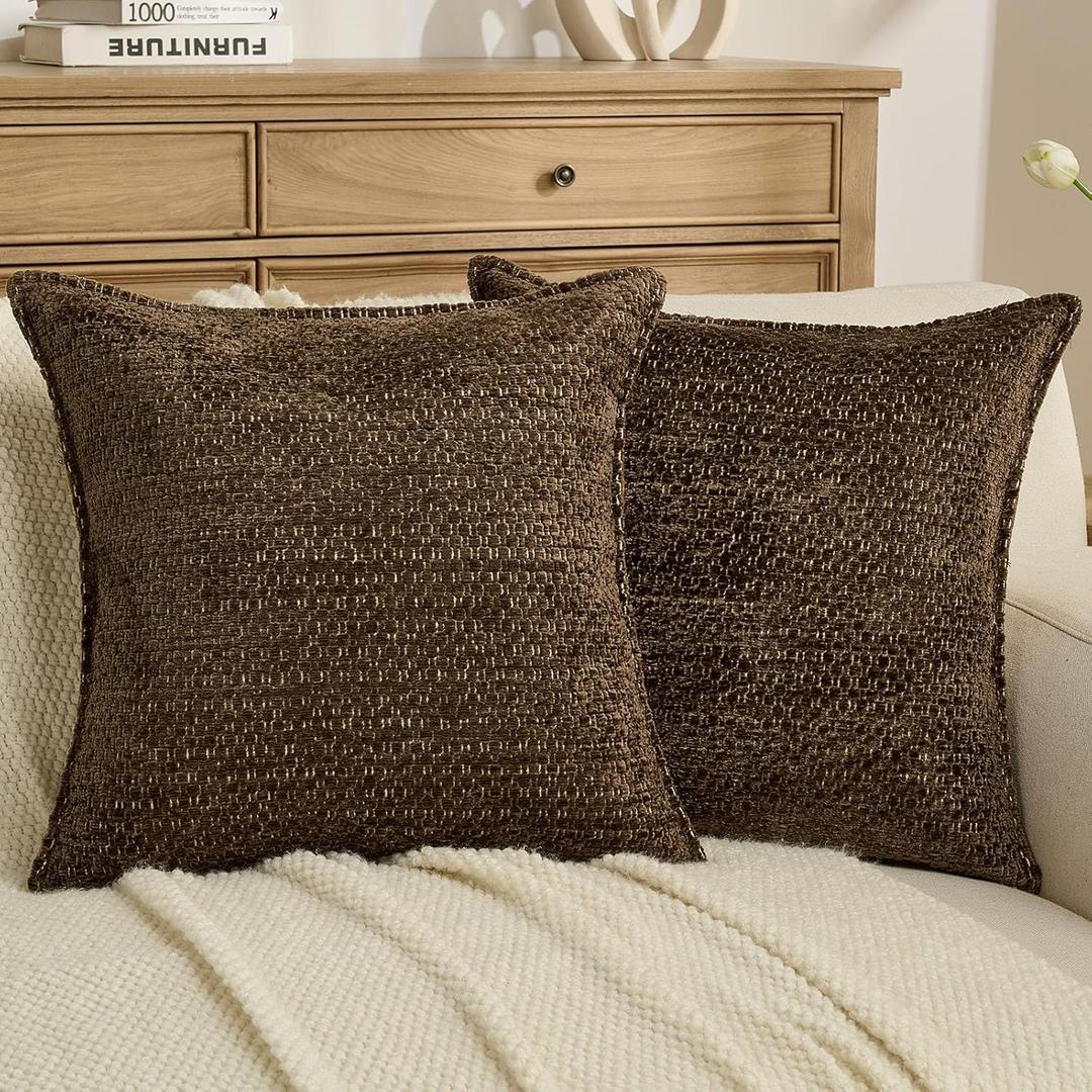 FUTEI Pack of 2 Solid Chenille Throw Pillow Covers 18x18 Inch Soft Grainy Textured Decorative Cushion Cases Modern Farmhouse Accent for Couch Bed Living Room, Dark Brown