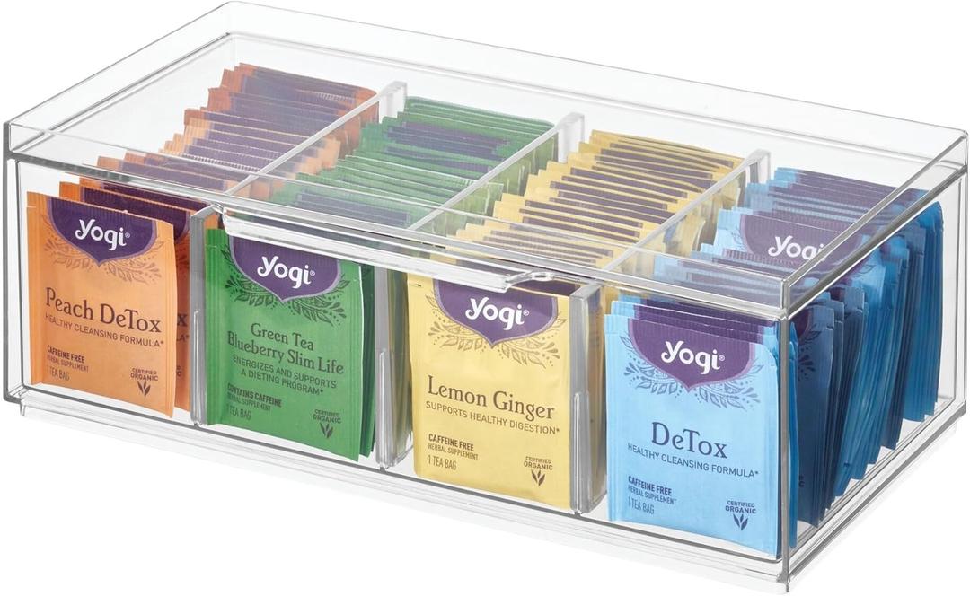 iDesign Tea Bag Organizer for Counter, 4-Section Clear Stackable Tea Storage Drawer for Cabinet