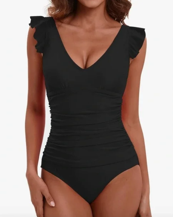 Elegant Black Ruffled One-Piece Swimsuit,  Black Color, Size M
