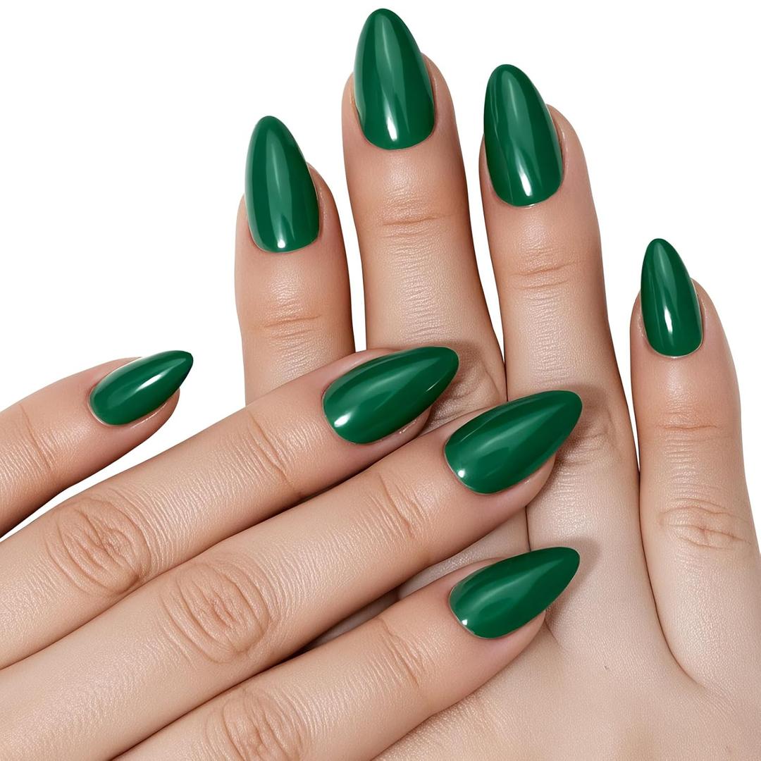 5 x Short Almond Press On Nails, Durable Reusable Glossy Artificial Nails Kit with Adhesive Tabs, 24 Pcs 12 Sizes for Fashion Women, Perfect for for Daily Outfits, Party or Date, Green