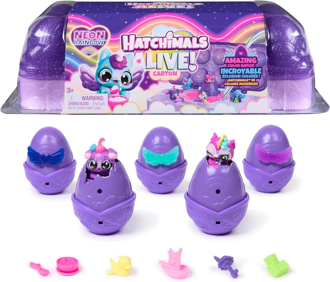 Hatchimals Alive, Neon Rainbow Egg Carton Toy with 5 Mini Figures in Color Reveal Eggs & 11 Accessories, Gifts & Stocking Stuffers for Girls & Boys Ages 3 & up
