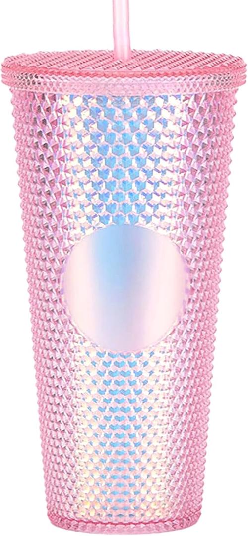 Studded Tumbler With Straw Tumblers With Lids And Straws Pink Tumbler With Straw Textured Cup BPA-Free Double-Wall Plastic Tumblers for Iced Coffee Cold Drinks or Water 24 Oz