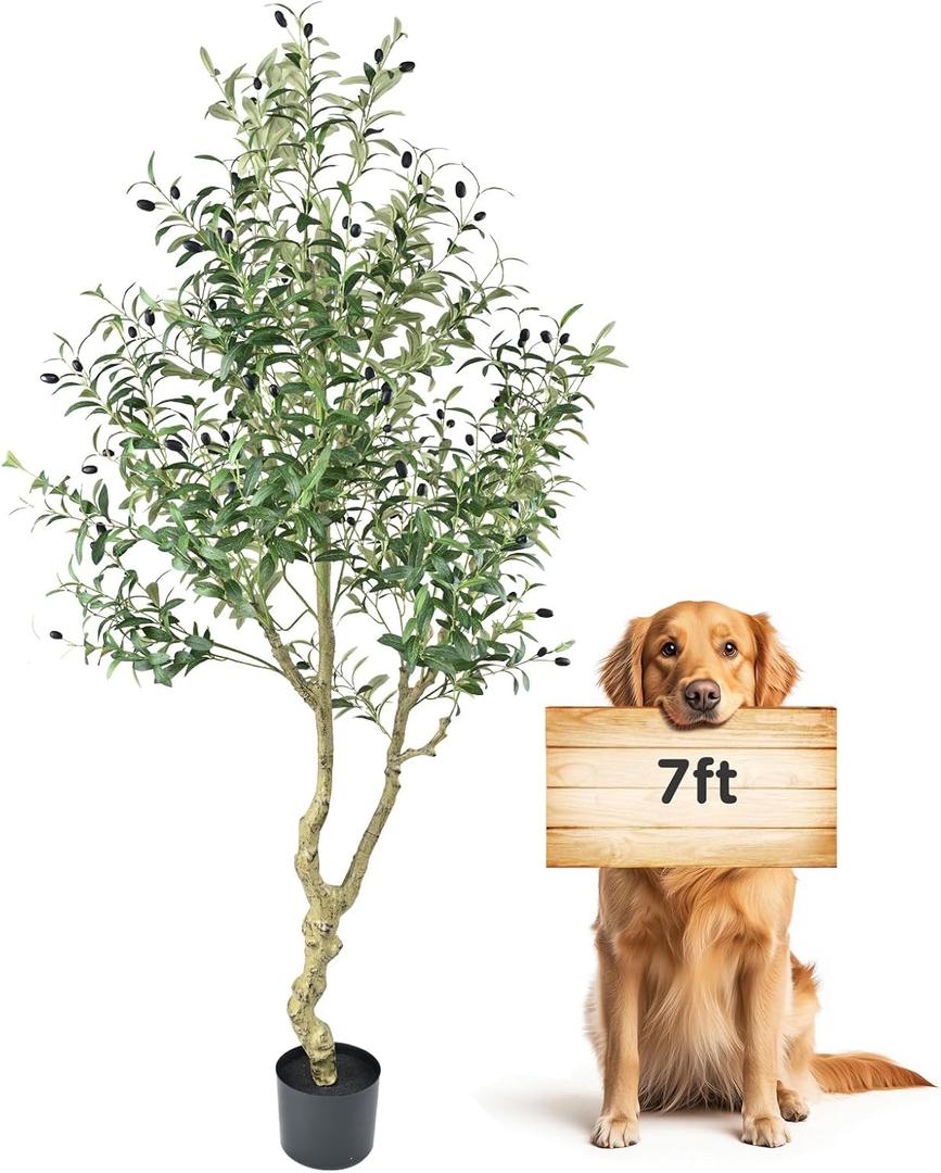 Artificial Olive Tree 7FT Tall Olive Tree Indoor Floor Plant with 2239 Leaves Lush Large Artificial Plant Faux Olive Plant for Corner Bedroom Livingroom Patio Office