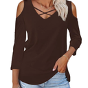 Amoretu Womens Summer Shirts 3/4 Long Sleeve V Neck Criss Cross Cold Shoulder Tops Blouse XL