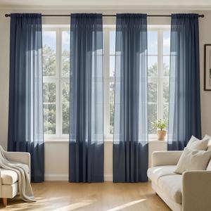 MIULEE Navy Blue Sheer Curtains 108 Inches Long, 4 Panels Set, Light Filtering Rod Pocket Voile Drapes Window Treatments, Semi Transparent Airy Fabric for Bedroom and Living Room, 42 x 108 Inches