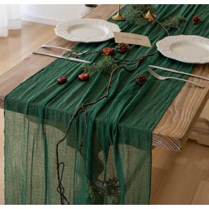 Table Runner Emerald Green Cheesecloth Gauze 120 Inch 10 FT Rustic Boho Cheese Cloth Table Runner for Wedding Baby Shower Bridal Shower Party Long Sheer Holiday Home Decorations