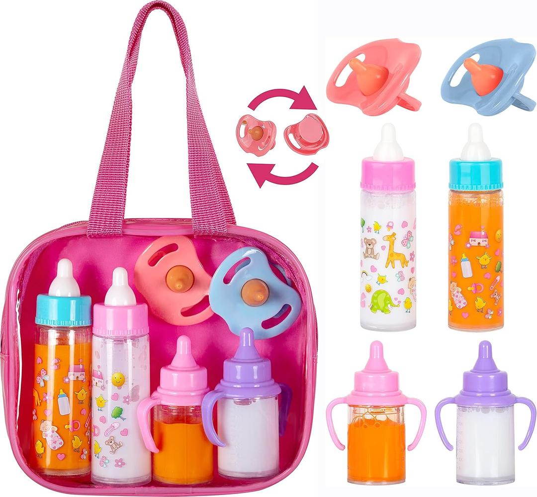 Fash n Kolor My Sweet Baby Disappearing Doll Feeding Set, Baby Care 6 Piece Doll Feeding Set - for Toy Stroller | 2 Milk & Juice Bottles with 2 Toy Pacifier for Baby Dolls Set - Kids Gift Set