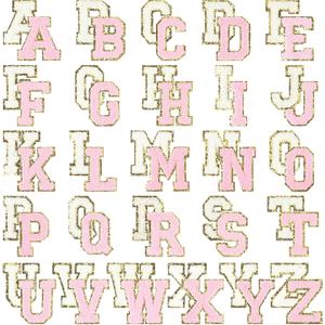 CHENGU 52 Pieces Chenille Letter Patches A-Z Alphabet Iron on Patches Bulk Gold Glitter Border Repair Embroidered Patch for Clothing Caps Sweaters Bags Jackets Shirt(Pink, White, Glitter Style)