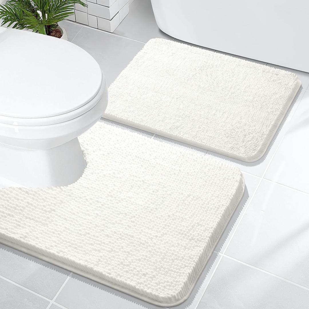 OLANLY Bathroom Rugs Sets 2 Piece, Soft Absorbent Chenille Bath Mats and U-Shaped Contour Toilet Mat Area Rug Set, Machine Washable Bath Carpet, Home Decor Accessories(24"x16"+24"x20", Ivory), 24" X 16" + U24" X 20"