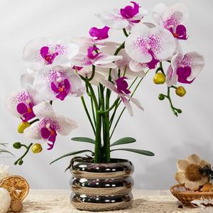 Artificial Orchids Flowers with Vase for Table Centerpieces, Real Touch Faux White Orchid Phalaenopsis in Ceramic Vase for Home Wedding Kitchen Decoration (Silver Vase, White Purple)