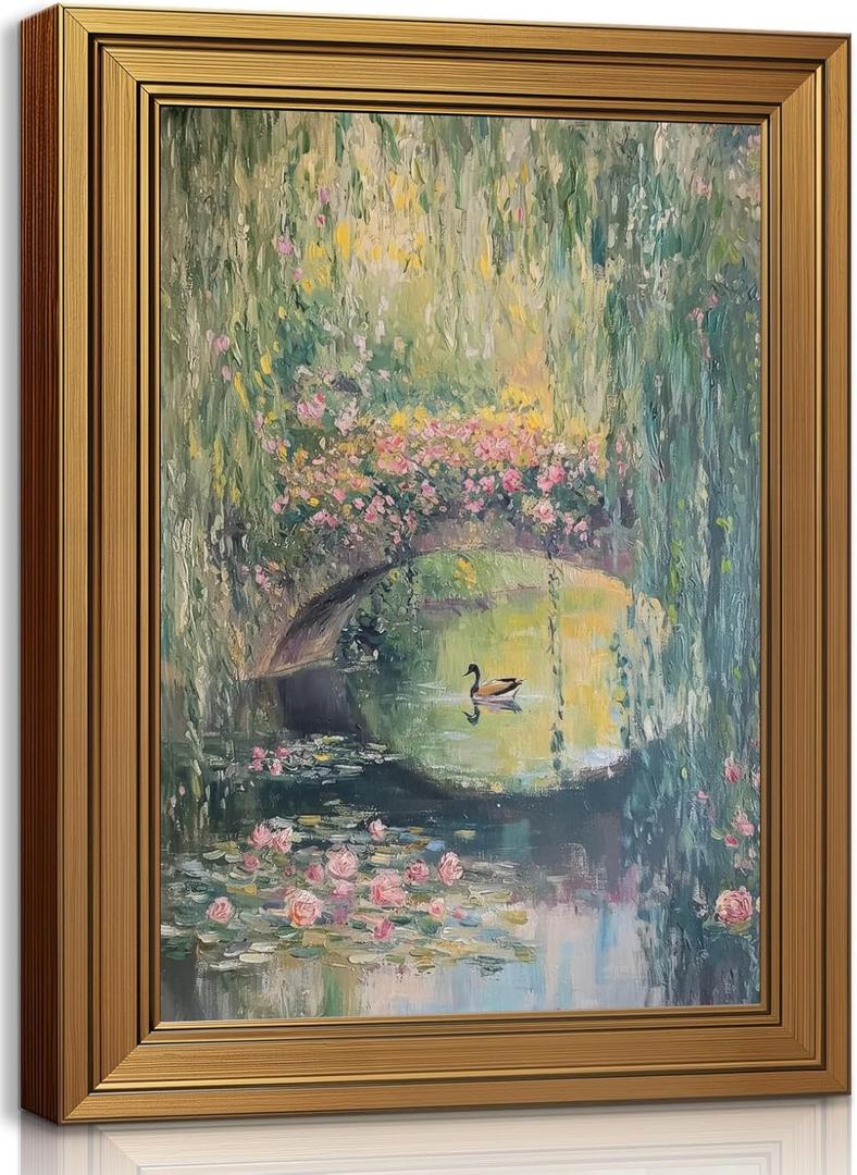 Gold Framed Wall Art Monet Floral Landscape Painting Picture Wall Decor Vintage Country Poster Print Artwork for Bedroom Living Room Home Decoration