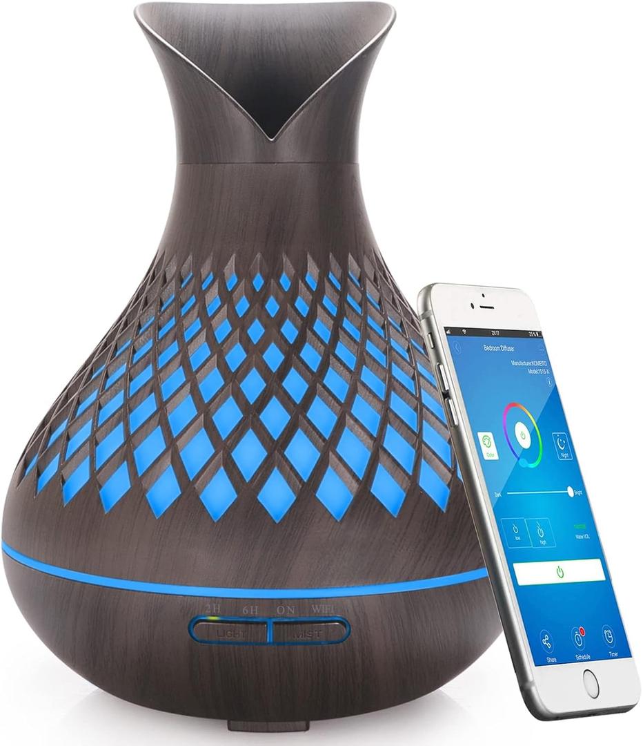 Smart WIFI Essential Oil Diffuser, 500ml Aromatherapy Diffuser Humidifier for Large Room, Works with Phone App & Alexa Google Home Voice Control, 7 LED, Create Schedules and 4 Timer, Auto Shut-Off,Dar