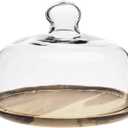 MyGift Cloche Dome Clear Glass Dessert Cheese Serving Tray 7.5 Inch Small Cake Cupcake Stand with Acacia Wood Base for Party Wedding
