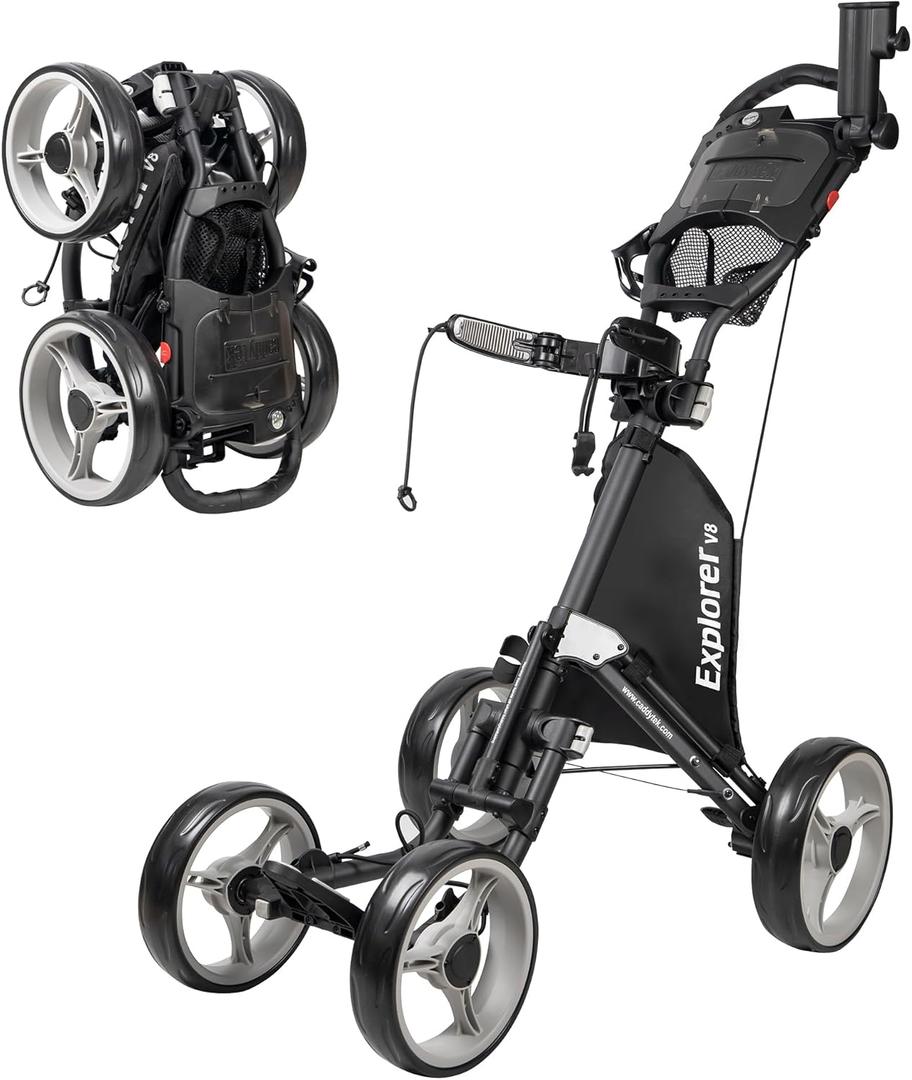 Caddytek Explorer V8 Golf Push Cart - SuperLite 4 Wheel Aluminum Foldable Cart with Adjustable Front Wheel Width, Foot Brake, Cooler Basket, Umbrella Holder, Drink Holder, Scorecard Console (Dark Grey)
