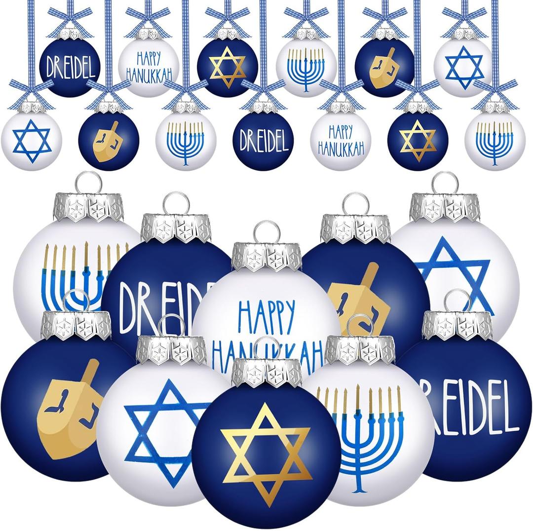 Liliful 12 Pcs Hanukkah Ball Ornaments for Tree 2.36 Inch Chanukah Jewish Christmas Tree Decorations Blue and White Hanukkah Menorah Star of David Hanging Ornament for Home Jewish Xmas Party Decor