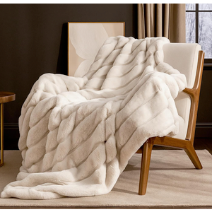 Cozy Bliss Faux Fur Throw Blanket for Couch, Jacquard Fuzzy Plush Soft Thick Winter Throw Blanket for Sofa Bed Living Room Bedroom50"x60." Beige