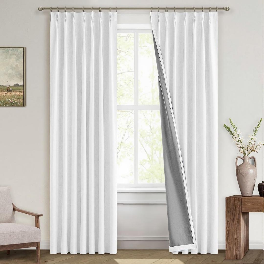 MIULEE Linen Pinch Pleated 100% Blackout Curtains for Bedroom 90 Inch Long 2 Panels Set - Back Tab Track Black Out Curtain for Living Room Darkening Triple Pleat Drapes with Hooks, White