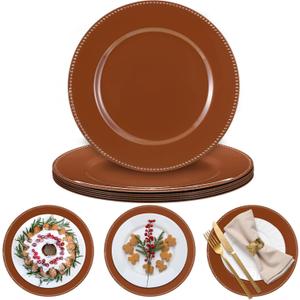Bokon 6 Pack Christmas Charger Plates 13" Round with Beaded Plastic Charger Plates Elegant Reliable Reusable for Holiday Wedding Party Event Xmas Table Tabletop Dinner Decoration(Brown,Gingerbread)