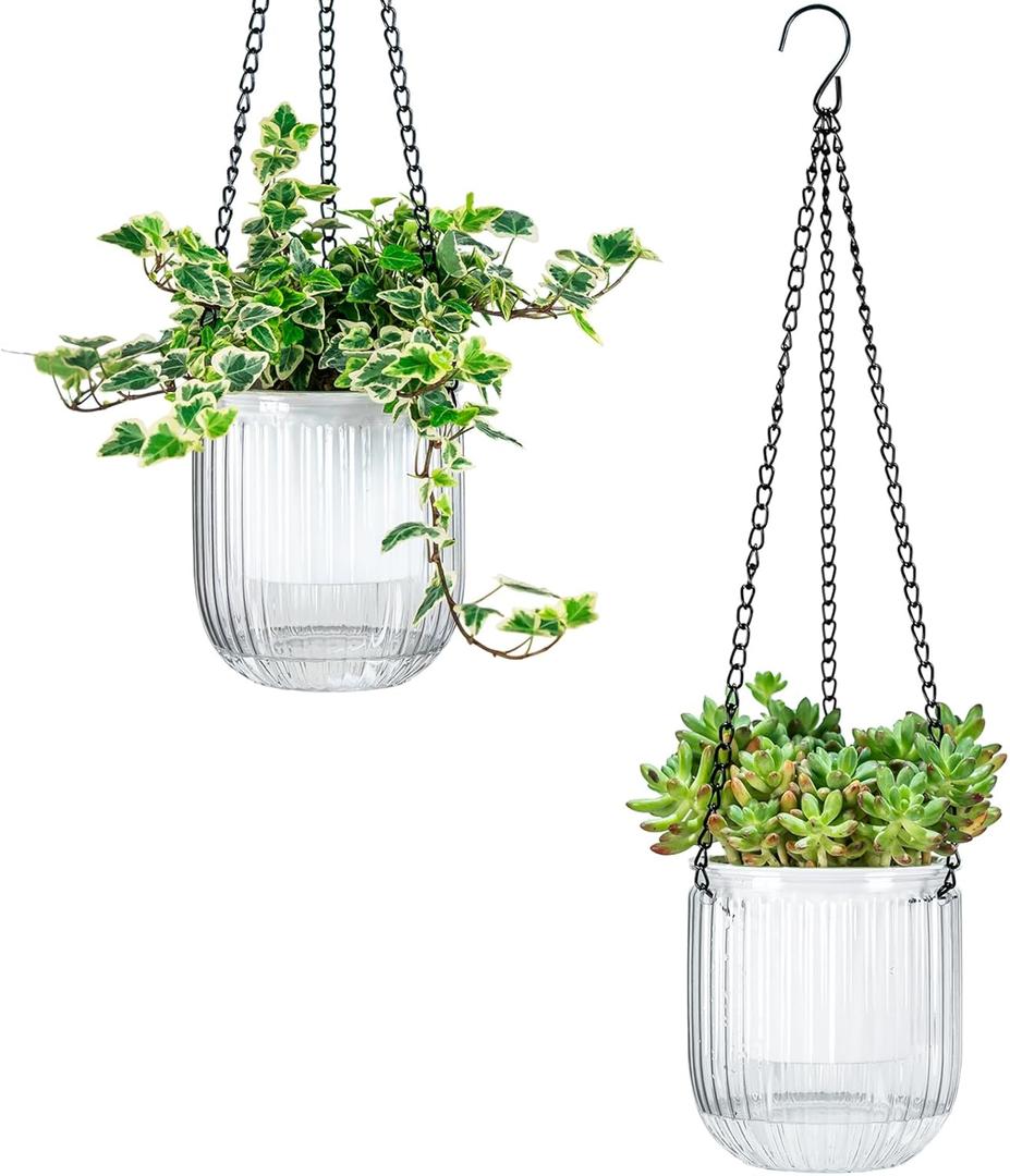 Josteve 4.5 Inch 2 Pcs Self Watering Hanging Planter Indoor Plant Pots Drainage Holes, Outdoor Small Hanging Planters Flower Pot Basket, Visible Water Level, Plant Hanger Home Decor, Gardening (White)