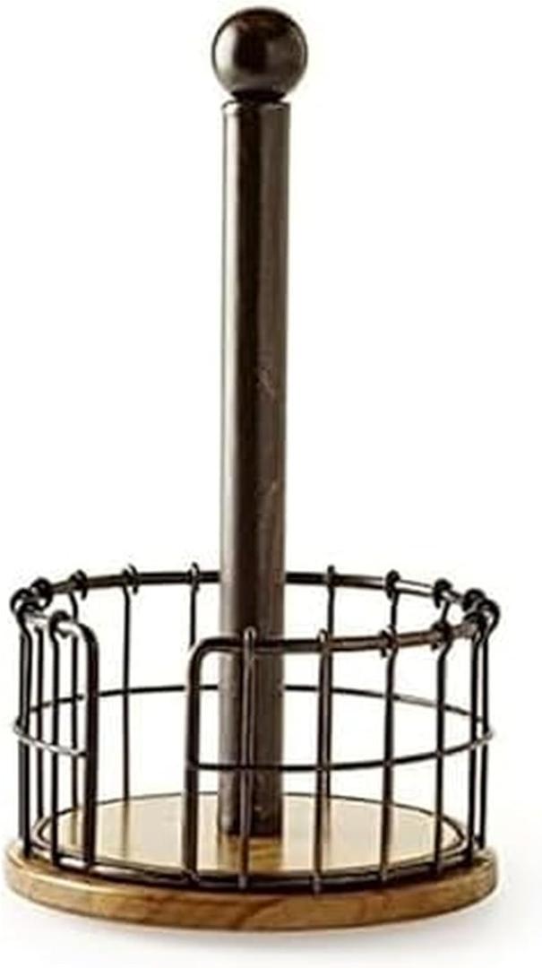 Pfaltzgraff Anvil Wire And Acacia Wood Paper Towel Holder, 13.25-Inch, Antique Black
