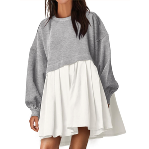 ANRABESS Women Sweatshirts Dress Oversized Long Sleeve Patchwork Casual Loose Pleated Pullover Mini Dress Fall Outfits 2025, Small