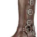 DREAM PAIRS Women's Knee High Riding Boots Side Zipper Motorcycle Boots Square Toe Chunky Heel Fashion Buckles Biker Boots, Size 9