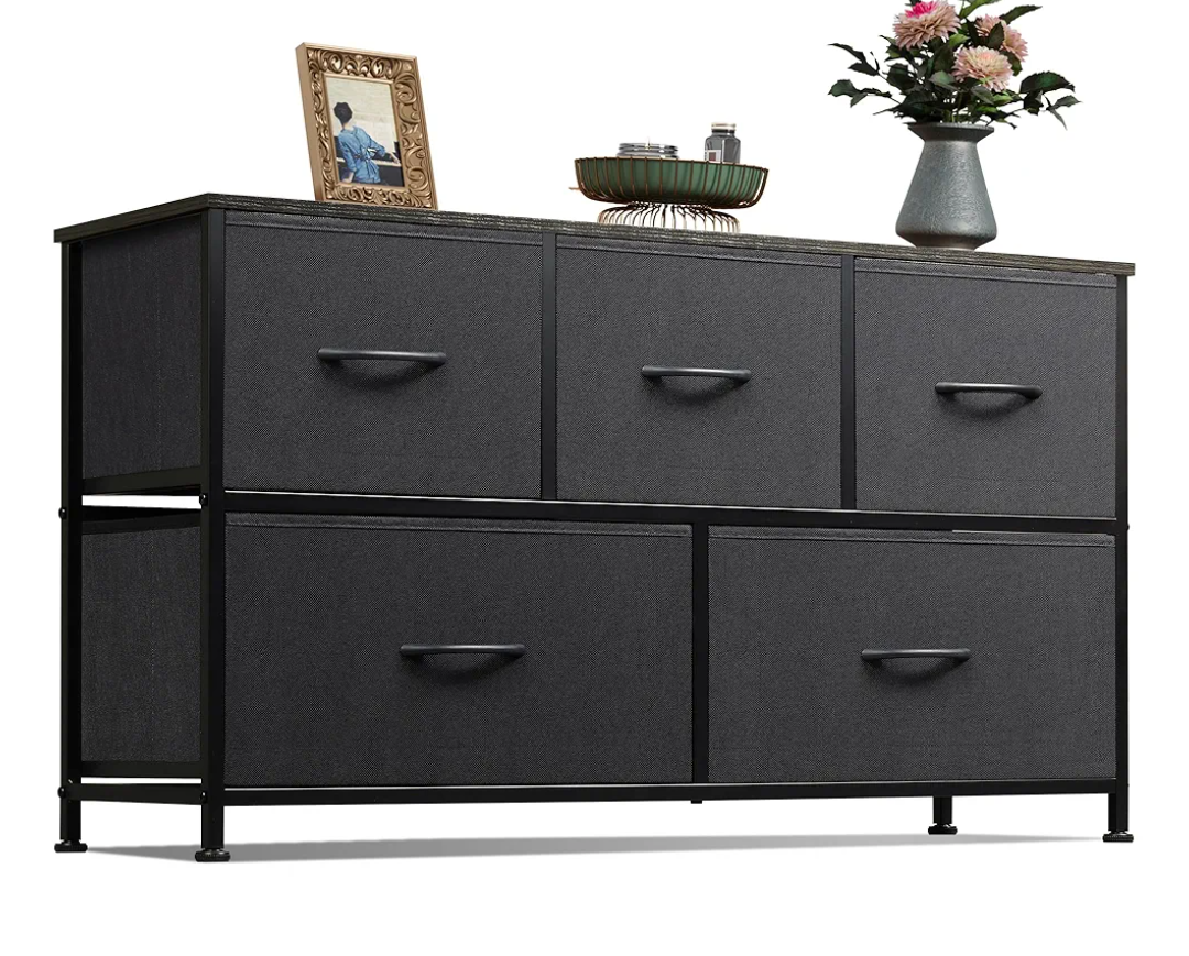 WLIVE Dresser for Bedroom with 5 Drawers, Wide Chest of Drawers, Fabric Dresser, Storage Organizer Unit with Fabric Bins for Closet, Living Room, Hallway, Nursery, Charcoal Black