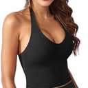 YEOREO Women's Halter Crop Top V Neck Workout Going Out Tank Top Hazel Padded Sleeveless Backless Trendy Summer Camisole, S